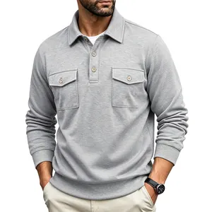 Detailed view of a men's grey heavyweight long sleeve polo shirt with cargo pockets