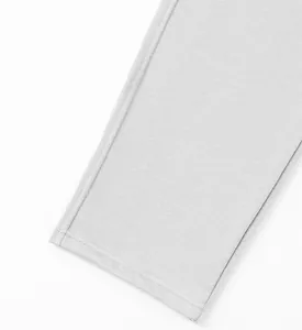 Close-up detail of light grey jersey fabric and hem stitching for men's cargo pants