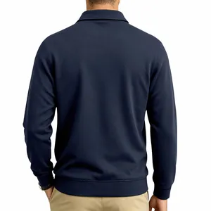Back view of a premium heavyweight navy blue long-sleeved Polo shirt with ribbed cuffs