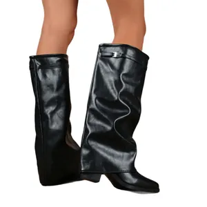 Modern black pleated high-tube slouchy pant boots for women with chunky heels