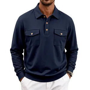 Detail view of navy blue long-sleeve polo shirt with two chest utility pockets