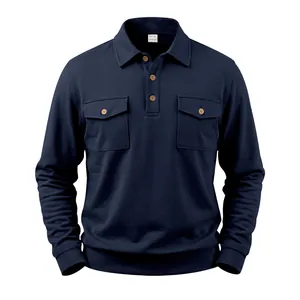 Detail of navy blue heavy-duty long-sleeve polo shirt with double chest pockets.