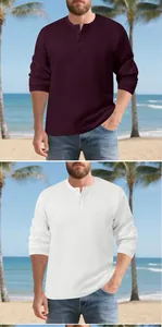 Close-up of men's heavyweight Henley shirt showing waffle jacquard texture details
