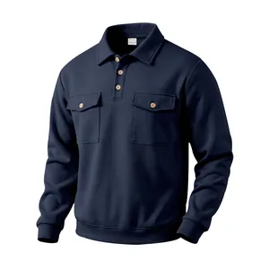 Detailed view of a navy blue long-sleeved workwear polo shirt featuring cargo pockets