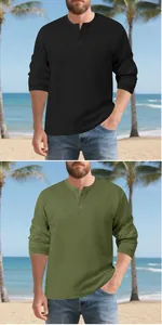 Men's long-sleeve Henley shirt with retro button collar and jacquard waffle texture