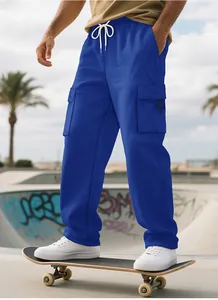 Full-length view of blue multi-pocket cargo sweatpants for street style