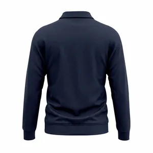 Back view of men's navy blue heavy long-sleeve Polo shirt showing ribbed hem and collar detail.