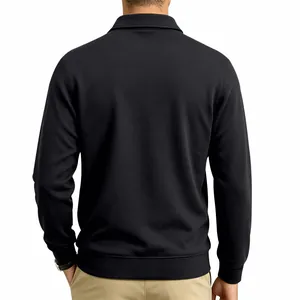 Detailed back view of a men's heavy black long-sleeve polo shirt featuring ribbed cuffs