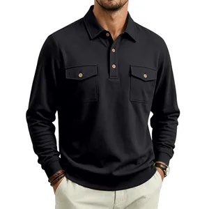 Close-up of black long-sleeve workwear polo with utility chest pockets and collar detail.