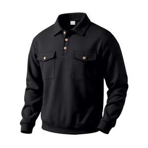 Heavy-duty black long-sleeved cargo Polo shirt with double chest pockets and lapel collar