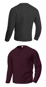 Front and back views of men's heavyweight waffle knit Henley shirt in black and burgundy.