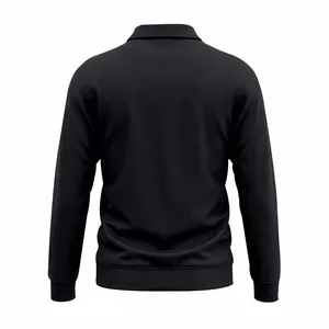Back view of a premium heavyweight black men's long sleeve polo shirt in workwear style.