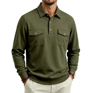 Detailed view of olive green heavyweight utility polo shirt with double chest pockets.