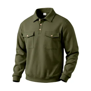 Detailed view of military green heavyweight workwear polo shirt with twin chest pockets