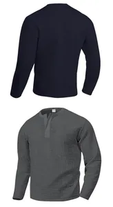 Detailed view of men's heavy jacquard texture henley shirt showing front and back views