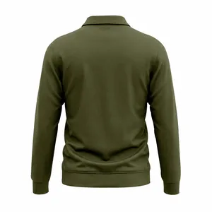 Back view of a heavyweight olive green long-sleeve Polo shirt with workwear style.