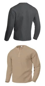 Detailed view showing front and back of men's waffle texture Henley long sleeve T-shirts
