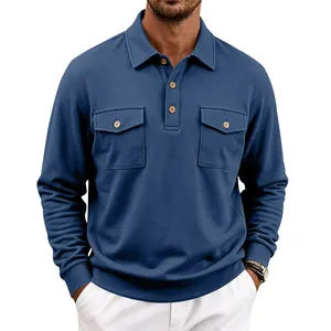 Detailed view of heavy-duty workwear long-sleeve Polo shirt with double flap pockets