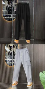 Showcase of men's heavy-duty cargo sweatpants in black and grey colors with side flap pockets