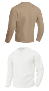 Detail of men's heavyweight waffle texture Henley shirt showing front and back views