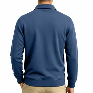 Back view detail of heavyweight long-sleeve polo shirt in slate blue workwear style