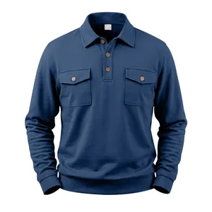Detail of navy blue heavyweight long-sleeve polo shirt with functional double pockets