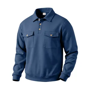Front view of a blue heavy cotton Polo shirt with double chest pockets and buttons.
