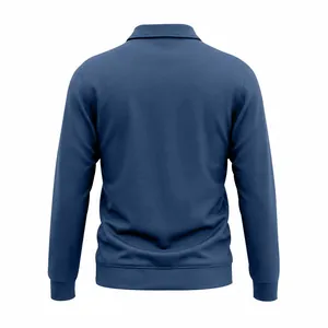 Rear view of a heavyweight navy blue long-sleeved Polo shirt showing fabric texture and ribbed hem