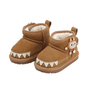 Cozy brown toddler snow boots with plush lining and cute cartoon rabbit detail.