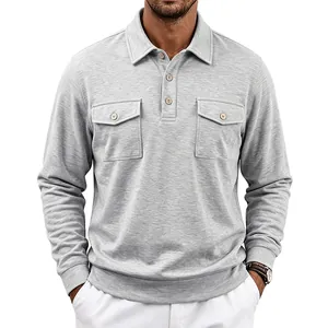 Close-up detail of a grey long-sleeve polo shirt featuring double utility chest pockets