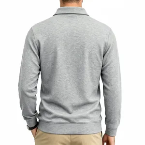 Back view detail of a heavy grey functional long-sleeve polo shirt for men.