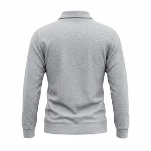Rear view detail showing the back of a gray heavyweight men's long-sleeve polo shirt