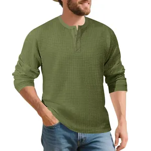 Men's olive green long sleeve Henley shirt featuring heavy waffle texture and button placket