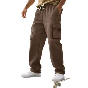 Heavyweight brown cargo sweatpants for men with multi-pockets and loose streetwear fit.