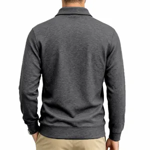 Detailed back view of men's heavy long-sleeve polo shirt in charcoal grey heather fabric
