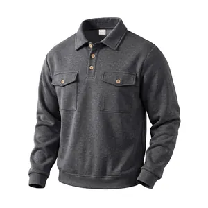 Heavyweight charcoal grey long-sleeved Polo shirt for men with dual chest pockets
