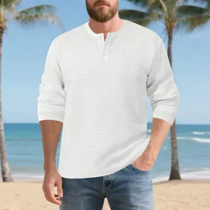 Men's white heavyweight jacquard textured long sleeve Henley shirt with button detail