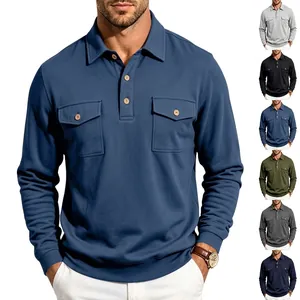 Men Heavyweight Utility Workwear Long Sleeve Polo Shirt Lapel Collar Dual Flap Pockets Loose Fit Techwear Polo Top Casual Fashion Solid Color Autumn Pullover