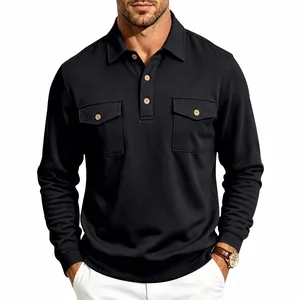 Detail view of a heavyweight black men's polo sweatshirt with functional chest pockets
