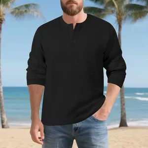 Classic men's black waffle-knit Henley shirt with long sleeves for a vintage look