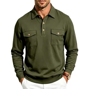 Men's heavyweight long sleeve Polo shirt with double flap pockets in army green tactical