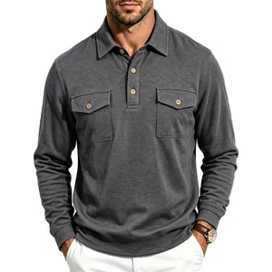 Heavy-duty workwear long-sleeve Polo shirt with lapel and double chest pockets