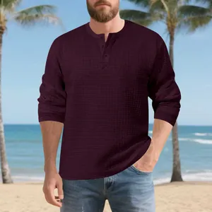 Men's retro waffle texture long sleeve Henley shirt in deep burgundy color variant