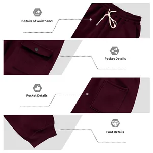 Viste dettagliate dei pantaloni cargo bordeaux da uomo che mostrano vita e tasche.