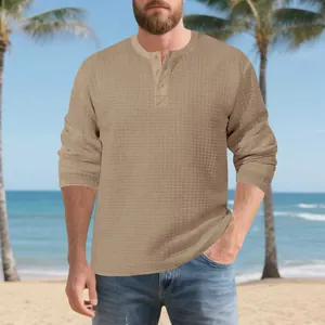 Premium khaki waffle knit long sleeve Henley shirt with button collar for autumn
