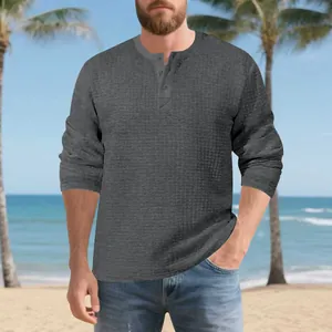 Men's heavy textured long-sleeve Henley shirt in dark grey, casual loose fit design.