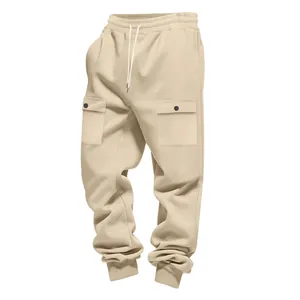 Pantaloni cargo pesanti beige da uomo con vita elasticizzata e ampie tasche laterali