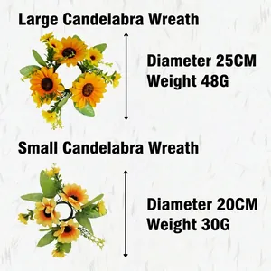 Yellow artificial sunflower candle rings set, 20cm and 25cm diameter sizes for home decor.