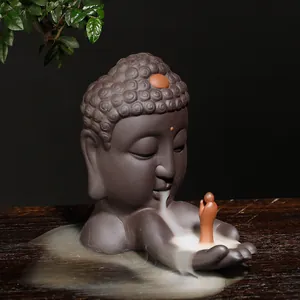 Zen Boeddhahoofd Backflow Wierookbrander Paars Klei Zisha Rook Waterval Houder Aromatherapie Home Decor Zen Ornament Cadeau