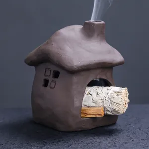 Handmade ceramic house incense burner for white sage and palo santo, brown cottage decor